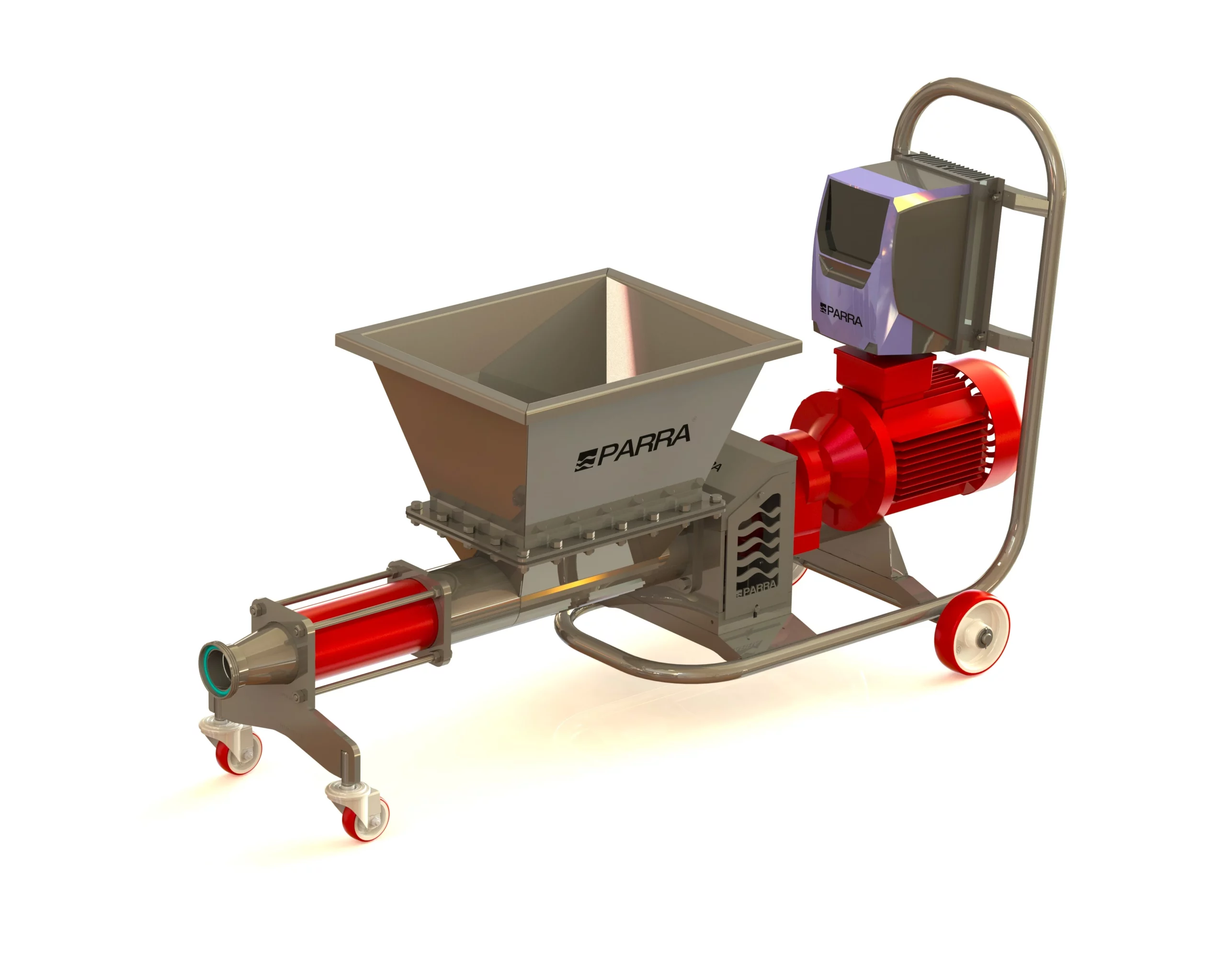 Imagen en de la bomba BPLM-ALF-600 con sobretolva y chasis móvil y variador de frecuencia. Solución para el bombeo de productos viscosos y aplicaciones en la industria alimentaria, química y agroindustrial.