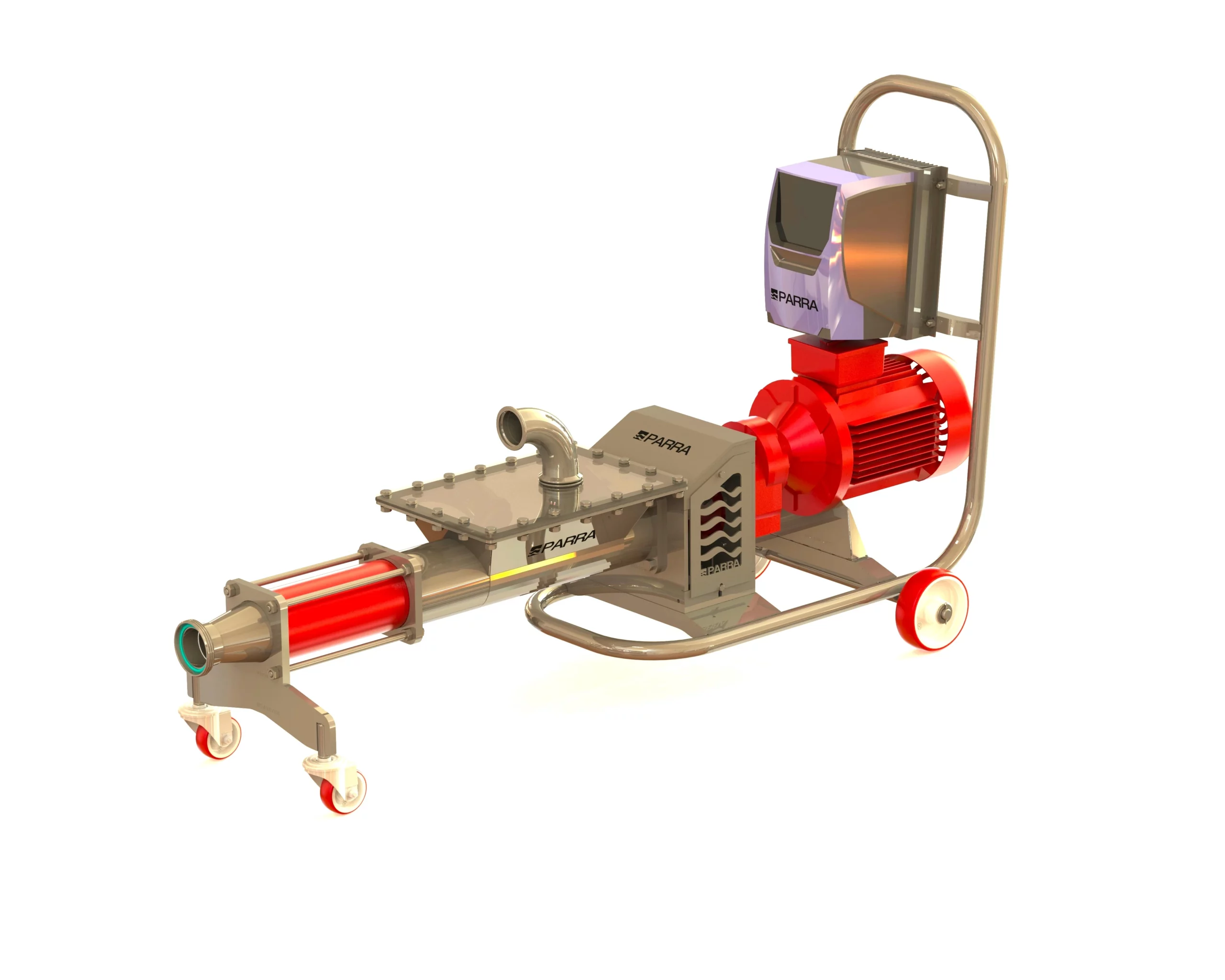 Imagen en de la bomba BPLM-ALF-500 con tapa y chasis móvil y variador de frecuencia. Solución para el bombeo de productos viscosos y aplicaciones en la industria alimentaria, química y agroindustrial.