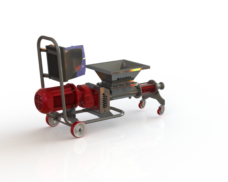 Imagen de una bomba de rotor y estátor BPLM-ALF-400 con chasis y sobretolva, diseñada para el bombeo eficiente de fluidos en aplicaciones industriales. Imagen en alta calidad del equipo con pantalla de control integrada y estructura móvil.