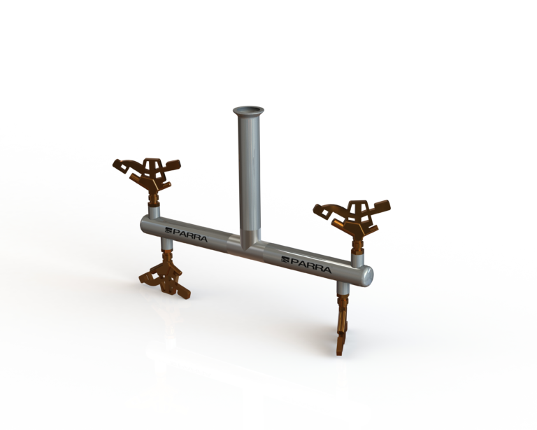 Render 3D de un sistema de bypass para aspersores, modelo BPLM 5,5 HP. Diseño detallado con válvulas de control, ideal para sistemas de riego eficientes.