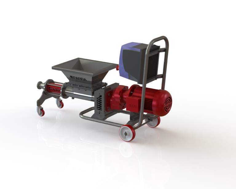 Imagen de una bomba de rotor y estátor BPLM-ALF-400 con chasis y sobretolva, diseñada para el bombeo eficiente de fluidos en aplicaciones industriales. Imagen en alta calidad del equipo con pantalla de control integrada y estructura móvil.